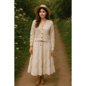 Cottagecore Chunky Popcorn Stitch Ivory VNeck Button Cropped M Cardigan Sweater